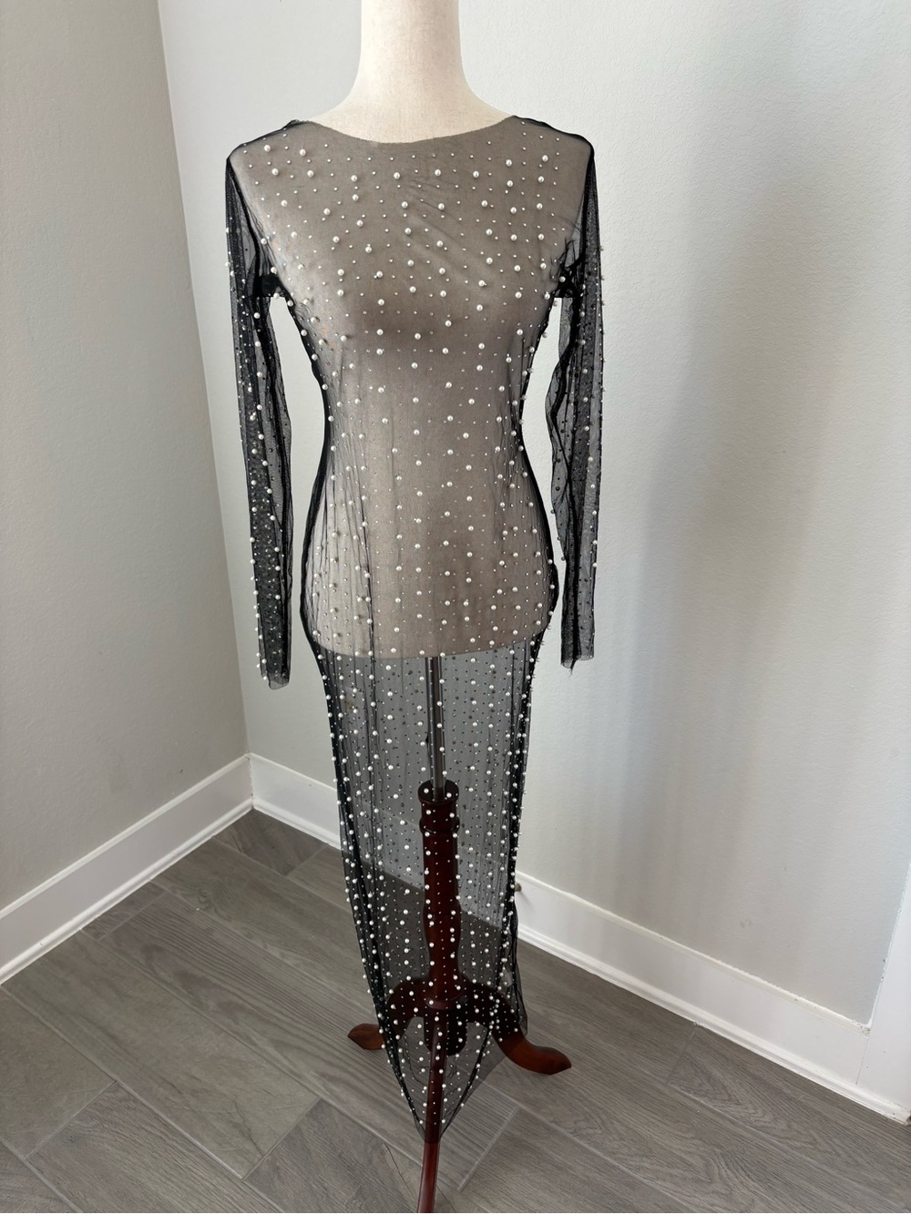 Womens Full Sheer Mesh Long Sleeve Maxi Dress Pearls and Rhinestone Bling Medium